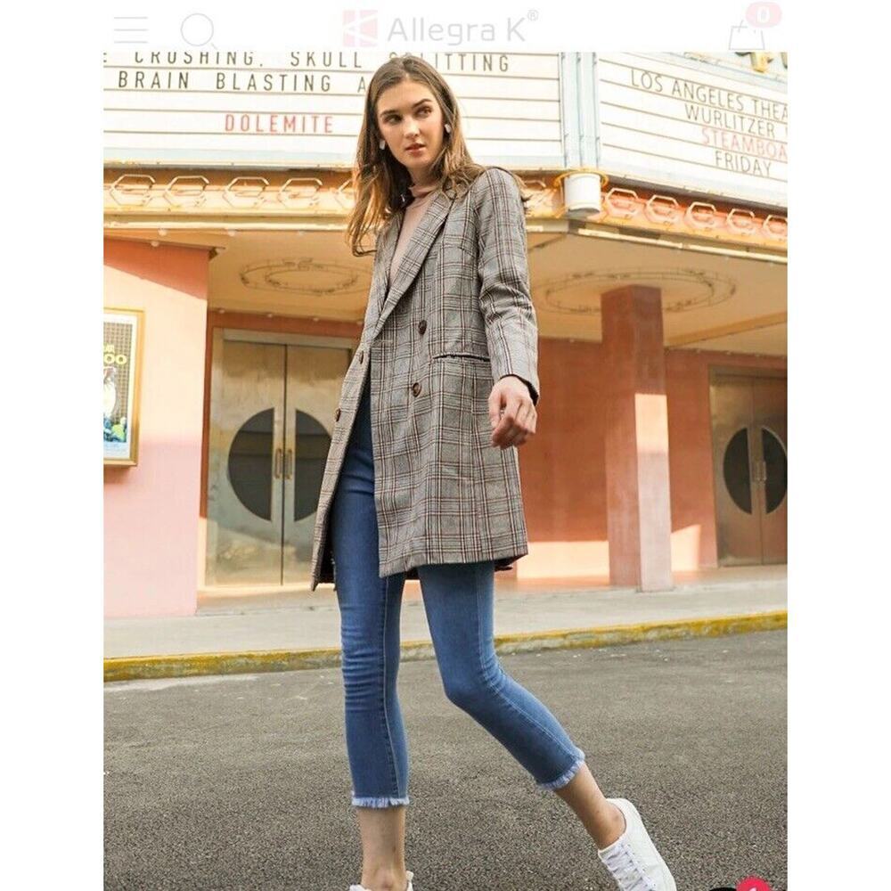 Allegra K Womens Double Breasted Trench Coat Blazer M Plaid Gray Notched Lapel